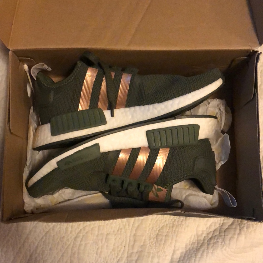 Adidas olive green and gold running shoes